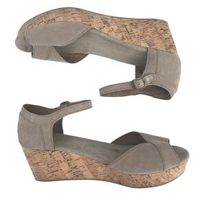 TOMS Cork Wedge Platform‎ Sandals Suede Taupe Tan Open Toe Women's 10